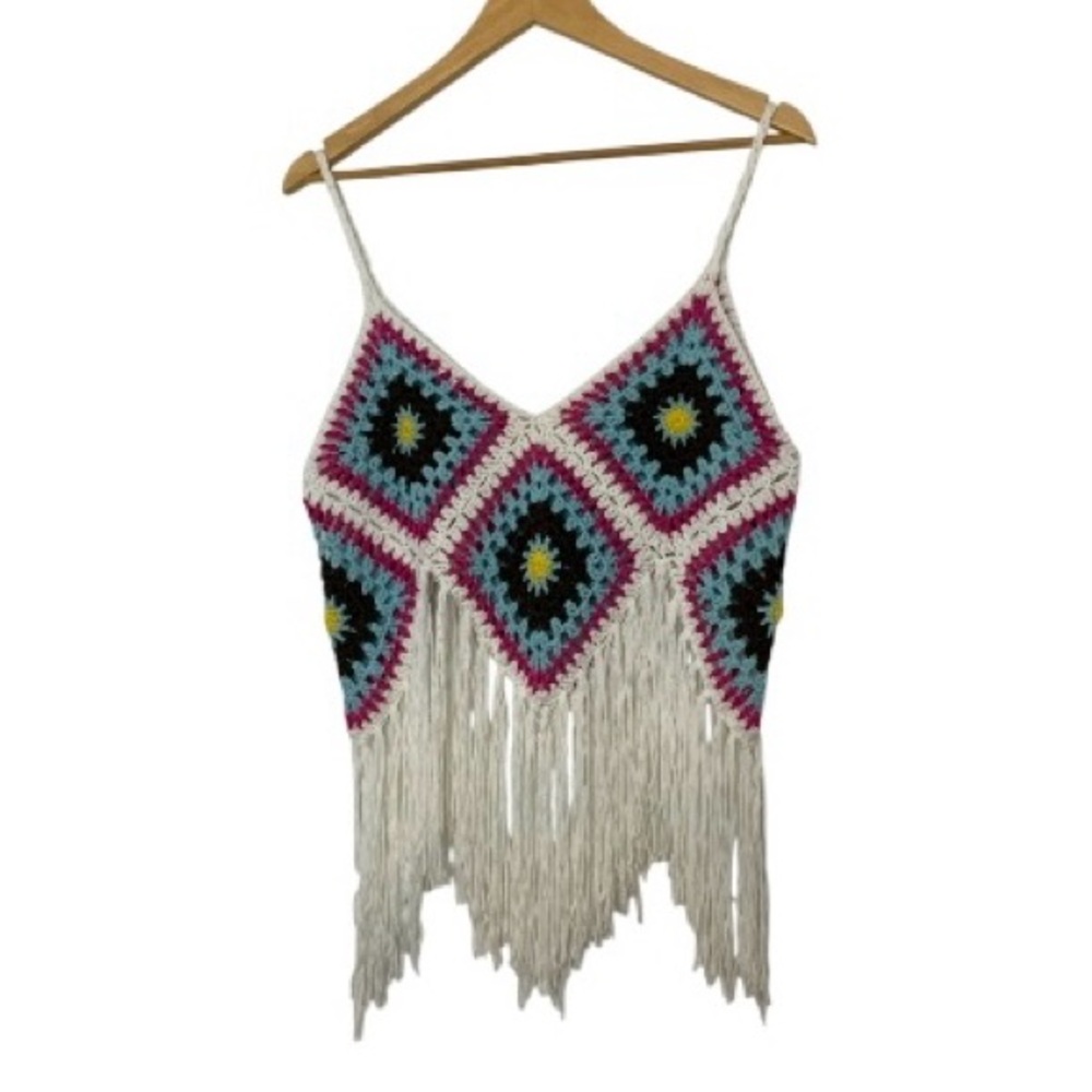 Multicolor Boho Festival Style Crochet Granny Square Fringe Crop Top Size Large